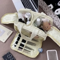 Beige large capacity travel makeup bag with dual compartments and brush storage - Yellow