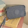 Close-up of three-layer fabric zipper pouch in grey blue with a handy wrist strap - Large / Denim Blue