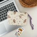 Close-up of quilted floral bear coin purse with purple strap and 'Hello' label detail - Purple Bear