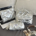 Three-piece silver metallic vanity bag set with quilted butterfly patterns for travel - Large / Silver