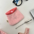 Pink plush strawberry pouch featuring flap button closure and cute facial embroidery details - Strawberry Pudding