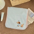 Detail of light blue coral fleece towel with cartoon dog embroidery and pink wavy lace edges - Face Towel