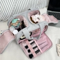 Quilted grey makeup bag with pink interior and functional travel storage compartments - Grey Pink