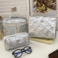 Three-piece set of silver metallic quilted makeup bags with cute bow texture design - Large / Silver