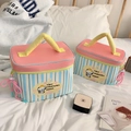 Blue striped dog makeup bag with pink leather top and yellow handle for travel - Large / Pink Blue Stripe