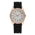 Detail of rose gold rhinestone bezel and white dial with black silicone strap - Black Strap White Dial