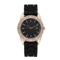 Detailansicht der schwarzen Quarzuhr mit Roségold-Diamantlünette und Silikonband - Schwarz