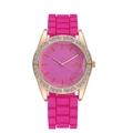 Detail of rose gold rhinestone bezel and hot pink silicone strap on quartz watch - Rose Red