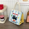 Detail van de geïsoleerde lunchtas met blauwe strepen en schattig zwart kattenontwerp - Blije Kat