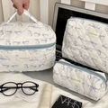 Three-piece quilted makeup bag set with blue cat prints and blue zippers - Blue Cat