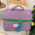 Dettaglio del beauty case trapuntato viola a scacchi con zip verde e cordino blu - Viola a Scacchi Grande