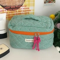 Dettaglio della borsa trucco trapuntata a scacchi verdi con cerniera rosa e arancione - Verde a Scacchi Grande