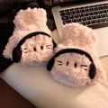 Close-up of pink faux fur cat-themed gloves with headset embroidery on a desk - One Size 12*26 / Pink
