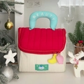 Quilted plush house-shaped cosmetic bag with colorful handle and festive holiday decor - Red - Cute Dog