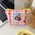 Détail du sac de voyage à carreaux roses avec motif chiot et fermeture éclair jaune - Sac de Rangement Trapézoïdal