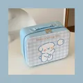 Detail view of blue checkered cartoon makeup case showing dimensions 24x18x11 cm - Bubble Puppy