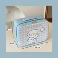 Close-up of cute cartoon dog pattern and blue plaid PU leather vanity case with dimensions - Bubble Puppy