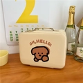 Detail of cute dog pattern and double zipper on beige PU leather cosmetic bag - Hello Puppy