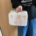 Portable PU leather cat print makeup bag in beige featuring cartoon animal illustrations - Tumble Stack