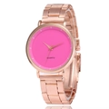Detail view of pink sunray dial and rose gold alloy link strap on minimalist quartz watch - Rose Red