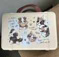Portable beige storage case with cute cartoon Border Collie print and brown handle - Musical Border Collie