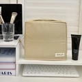 Portable beige canvas makeup bag with handle and 'Simple Life' label for travel - Beige