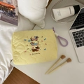 Detailed embroidery of cute puppies on a yellow quilted cosmetic bag with purple lanyard - Yellow (With Lanyard)
