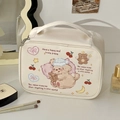 Detailaufnahme der cremefarbenen Kosmetiktasche mit Tiermotiven und Tragegriff - Gute-Nacht-Bär