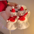 Cute white plush snowman mittens with hanging neck strap and 3D winter characters - Christmas Snowman Gloves