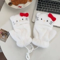 White Hello Kitty plush mittens with red bow and neck string for winter warmth - Cat Flip Top Gloves White