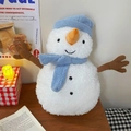 Detail of soft plush snowman hot water bottle with blue knit hat on wooden table - Outer Cover Only (No Hot Water Bottle) / Blue Hat Snowman