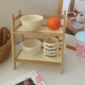 Double-layer wood desktop shelf with cream ceramic mugs in rustic vintage style - Khaki Double Layer Small
