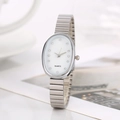 Elegant silver oval women's quartz watch with diamond markers and metal strap - Silver White