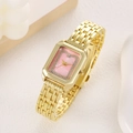 Elegant gold square quartz watch for women with pink dial and sparkling crystal bezel - Pink