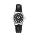 Classic Geneva quartz watch with black leather strap and rhinestone Roman numeral dial - Silver Black Women's