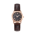 Detail of rose gold watch case with brown alligator leather strap and black Roman numeral dial - Brown Strap Black Dial Women's