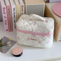 Pink bow pattern white quilted makeup bag with top handle and double pink zippers - Large / Korean Style Bow Pink