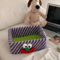 Detail of colorful plush clown storage bin with striped fur and soft monster face design - Purple Striped