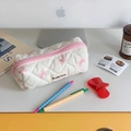 Astuccio bianco trapuntato con fiocchi rosa e zip, graziosa borsa per cancelleria - Piccolo / Stile Coreano Fiocco Rosa