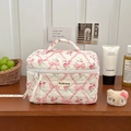 Quilted floral makeup bag with pink bows and roses on a white vintage vanity case - Pink Bow Flower (Cosmetic Bag - Large)