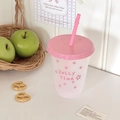 Pink frosted coffee tumbler with Jolly Time print, straw, and cute aesthetic desk decor - jolly time / Small