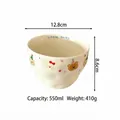 Cute ceramic bowl in matte cream white featuring bear and rabbit patterns with dimensions - Blue Letter Hand-pinched Bowl