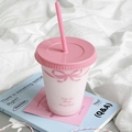 Cute gradient pink plastic straw cup with a matte finish and bow print for cold drinks - Pink Bowknot / Small