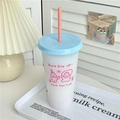 Leuke matte herbruikbare koffiebeker met lichtblauw deksel en roze rietje voor dag - Touwtjespringend Konijn / Groot