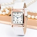 Women's rectangular quartz watch with white embossed leather strap and rose gold case - White