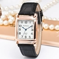 Classic rectangular watch with rose gold case, white dial, and black crocodile leather strap - Black