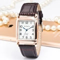 Vintage rectangular quartz watch with rose gold case and brown faux crocodile leather strap - Brown