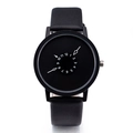 Minimalist black quartz watch featuring a unique central circular dial and leather strap - Black