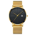 Gold minimalist men's quartz watch with black textured dial and Milanese mesh strap - Black Dial Gold Case Gold Mesh Band