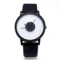 Detail of minimalist black quartz watch with rotating disc dial and leather strap - White Dial Black Case Black Strap